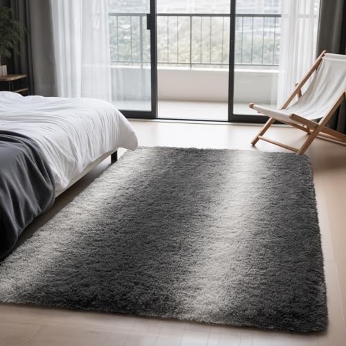 Zentavio Grey White Gradient Area Rugs for Living Room, Rugs for Bedroom 4x6 Fluffy Carpet Soft Shag Aesthetic Plush High Pile Gray Throw Rug for Nursery Kids Room Dorm