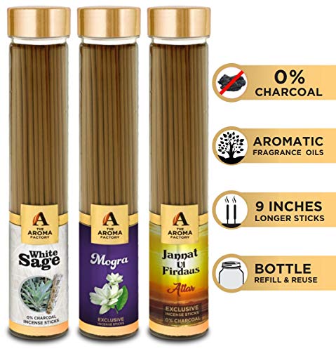 Image of The Aroma Factory White Sage,Mogra& Attar Jannat Agarbatti for Pooja,Luxury Incense Sticks,100% Herbal Fragrance Agarbathi (Bottle Pack of 3x100g)