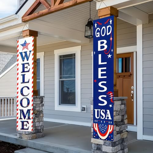 Image of BlissYard 2Pcs Welcome Patriotic Door Banner 4th of July Decorations American Banners Hanging Porch Signs Decor for Independence Memorial Day Veterans Labor Day for Yard Indoor Outdoor Supplies