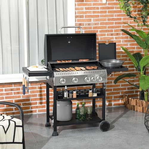 Outsunny 4 Burner Propane Gas Grill with Side Burner, 40,000 BTU Outdoor Barbeque Grill with 430 sq in Cooking Area, Wheels, Warming Rack, Shelves, Thermometer, Bottle Opener, Black - Image 3