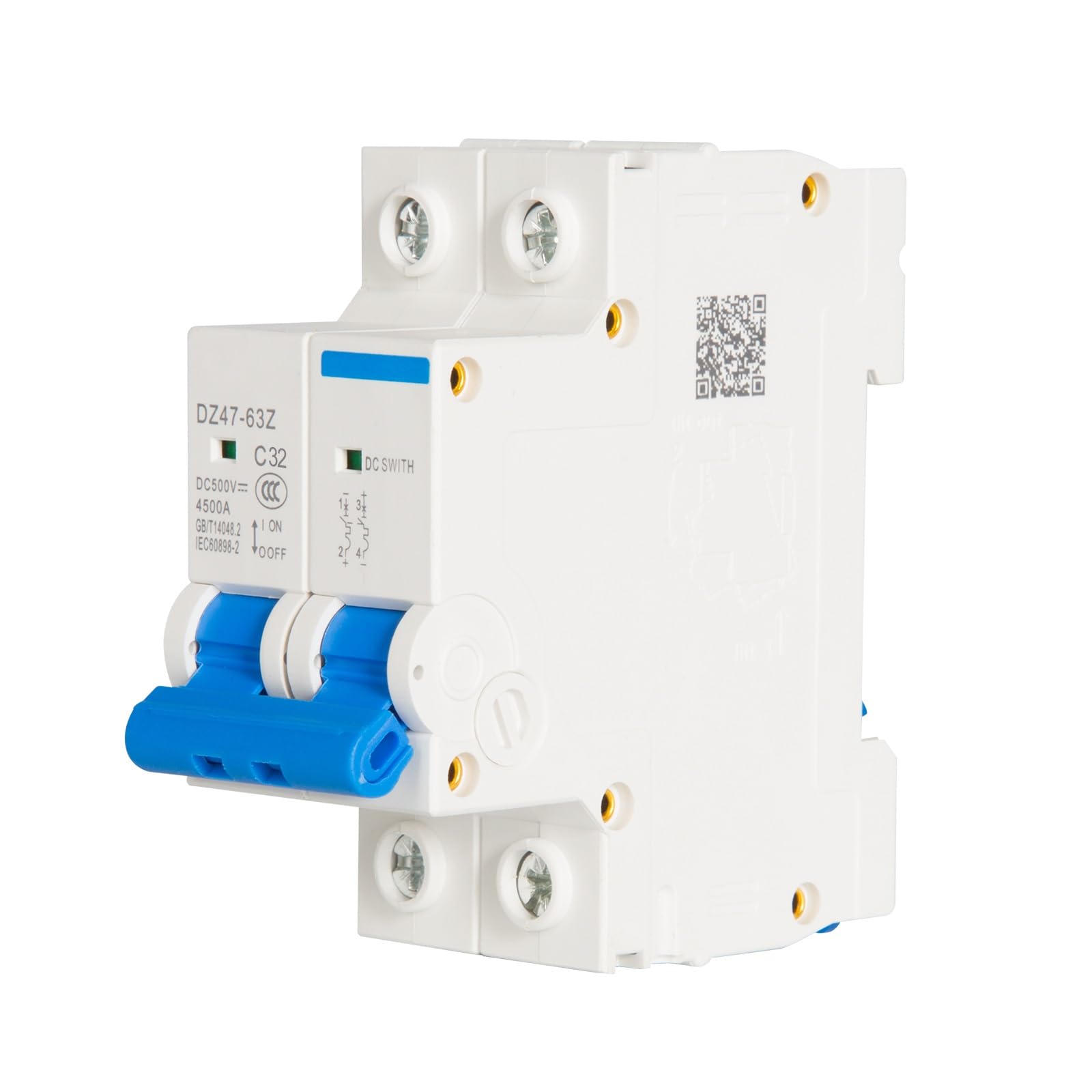 DEWIN Interruttore Automatico Miniatura,2P DC 500V 32A Interruttore Magnetotermico Fotovoltaico DC Mini Interruttore con Protezione da Sovraccarico e Cortocircuito