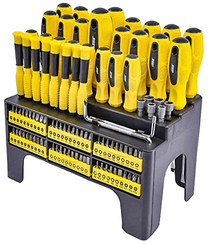 JEGS 100-Piece Screwdriver & Bit Set | Chrome Vanadium Steel Screwdriver Blades & Bits | Black & Yellow Double-Injected Handles | Includes Storage Rack