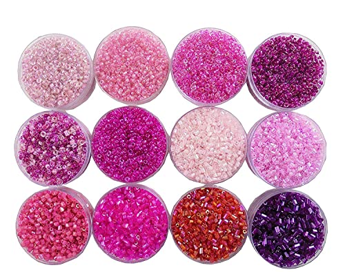 Image of Eshoppee 11/0 20gm x 12 Box Pink and Purple Color Glass Seed Beads Cut Beads for Jewellery Making kit Art and Crafts Materials for Embroidery Necklace Bracelet Earring Making Materials DIY kit