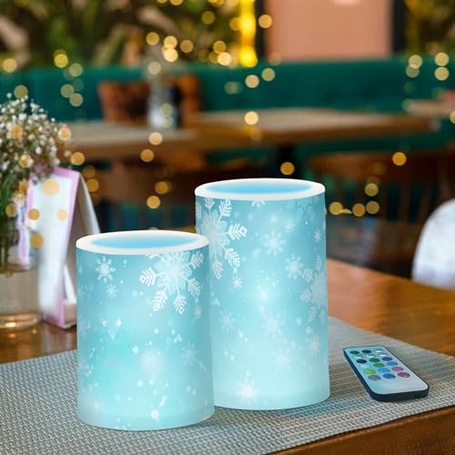Image of Christmas Lights Flameless Candles Teal Turquoise Snowflake Pillar Candles Set of 2 Battery Operated Remote Control Warm Lights Home Decor
