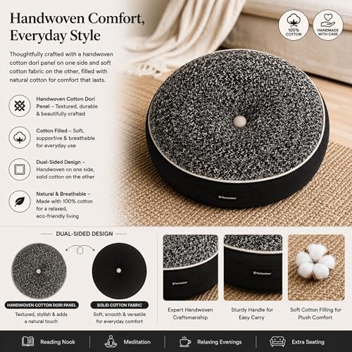 Image of Reversible 60x60x10 cm Woven Quilted Black Floor Cushion with Cotton Filler for Seating, Patio Seat, Meditation, Yoga, Pooja, Guests, Living Room, Bedroom, Large Size 24x24x4 Inch