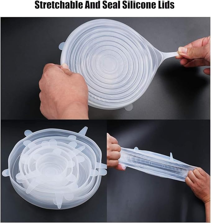 Miniatura 3 de Tapas elásticas y selladas de silicona reutilizables de alta calidad 6 piezas, fundas versátiles y ecológicas para almacenamiento de alimentos,