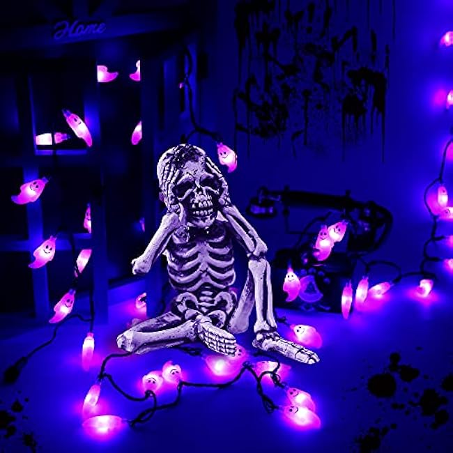 60 LED Halloween String Lights - 20ft Purple Ghost String Light Plug in with Timer, 8 Modes, Extendable, Waterproof - Spooky Decor for Outdoor Garden Yard House Bedroom Holiday Party Decorations