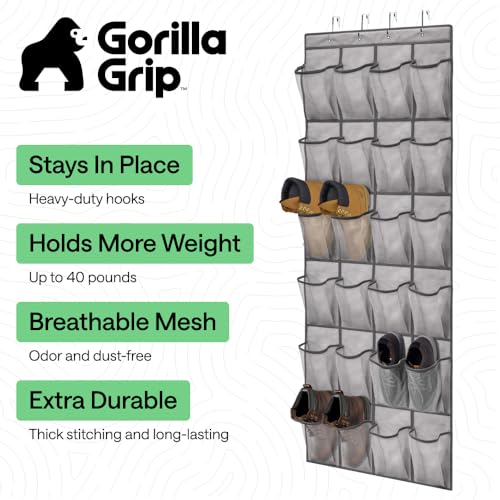 Image of GORILLA GRIP Over the Door Shoe Organizer, 24 Extra Large Pockets, Gray