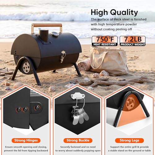 Image of Portable Charcoal Grill with 6 BBQ Tools, HaSteeL Compact Tabletop Barbecue Grill with Thermometer, Small Smoker for Outdoor Camping Backyard Beach BBQ, Thick Steel, Easy to Assemble