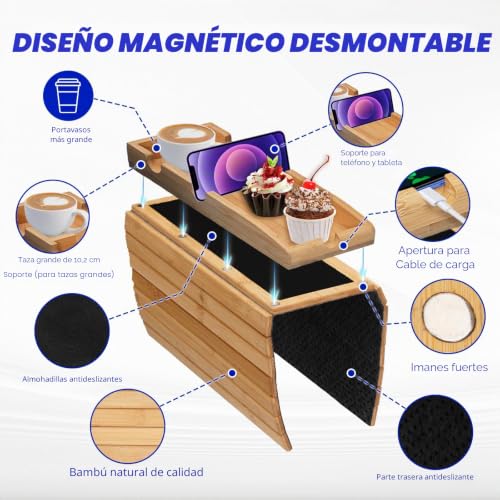 Bandeja para reposabrazos de sofá plegable magnética con portavasos integrado 4