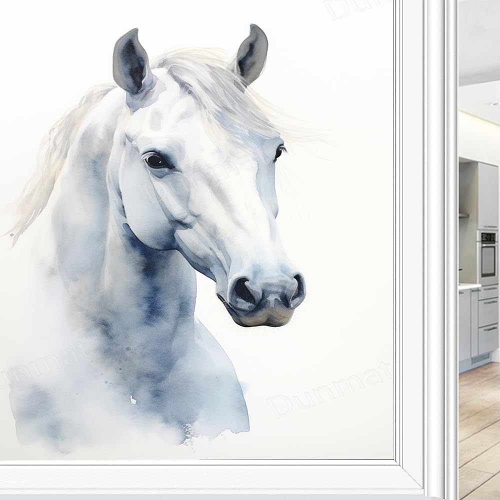 Handsome White Horse Window Privacy Film Watercolor Nature Animal Stained Glass Window Film Sun Blocking Heat Control Decorative Window Covering Film for Home Office 23.6Wx35.4L inch
