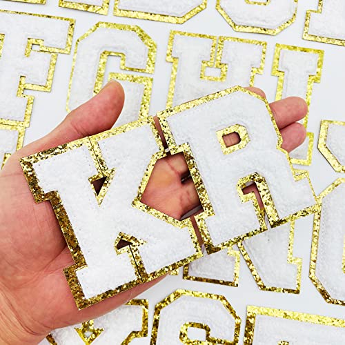 Jongdari Letter Patches Varsity Chenille Iron On Letters Patchs For Clothing, 4Pcs English Letter E With Gold Glitters Border, Alphabet Sewing Appliques (White E) #TOP2