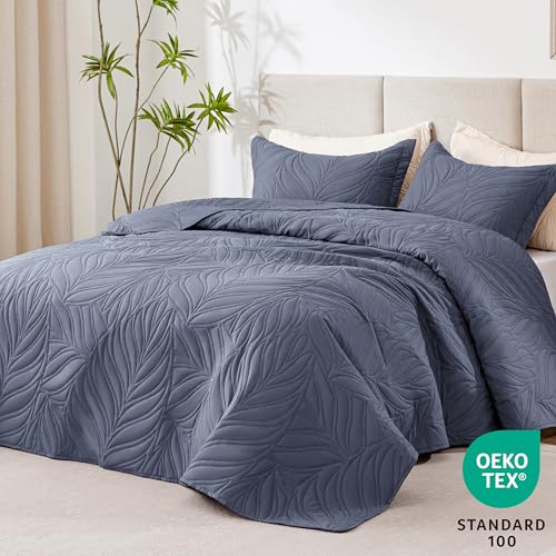 EXQ Home Quilt Set Twin Size Bluish Grey 2 Piece,Lightweight Soft Coverlet Modern Style Leaf Pattern Bedspread Set(1 Quilt,1 Pillow Sham)
