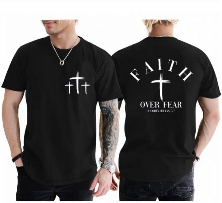 Christian Faith Over Fear Shirt for Men Cross God Jesus T-Shirt Acid Wash God Tees Vintage Bible Verse Short Sleeve Tops