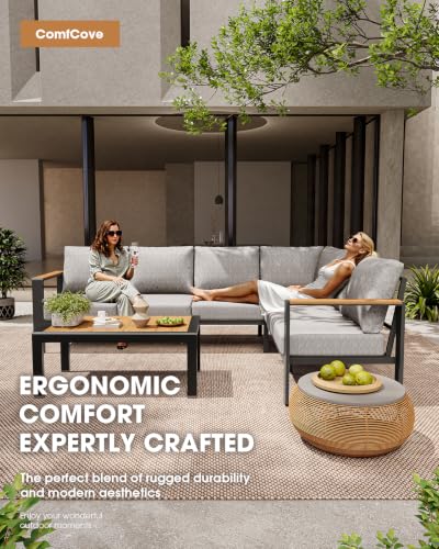 Image of Aluminum Patio Furniture 3 Seats, All-Weather Outdoor Sofa | Washable Thick Cushion, Morden Patio Couch for Porch, Balcony, Deck, Yard, Gray
