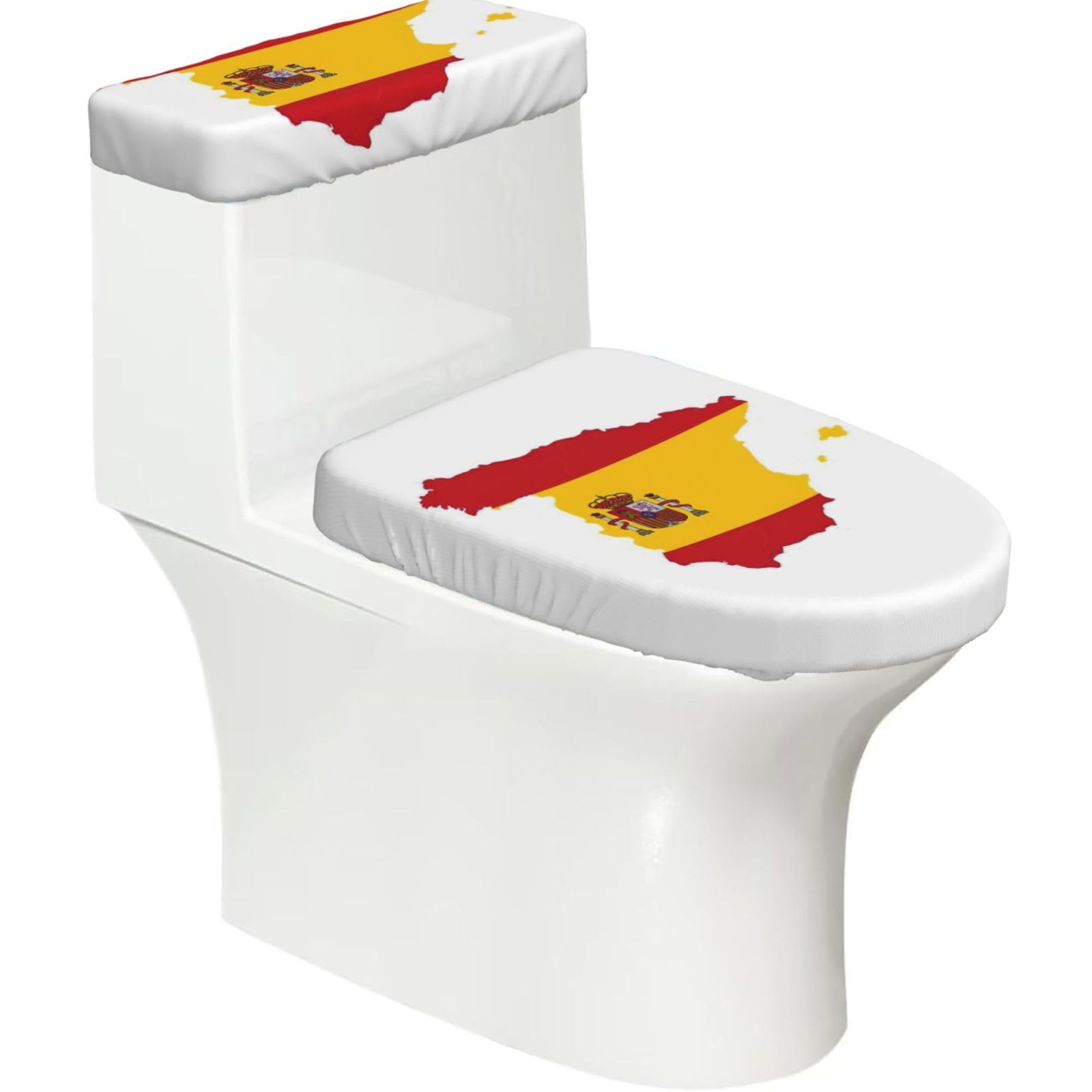Spanish Flag Map Print Toilet Lid Cover And Tank Lid Cover For Bathroom With Elastic Bottom, Bathroom Decoration