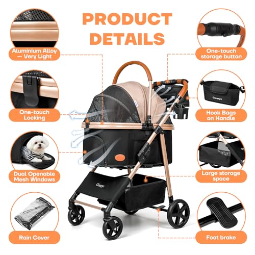 Dog Cat Stroller for Small/Medium Pets up to 50 lbs, 3-in-1 Foldable Pet Stroller with Detachable Carrier, Car Seat, Storage Basket, Cup Holder, Hanging Bag, Rain Cover, All-Terrain 4 Wheels (Khaki) - Image 5