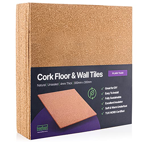 Treefloor Natural Plain Cork Tiles - 300mm x 300mm x 4mm (Plain, 20, Tiles), 1.5m x 10m