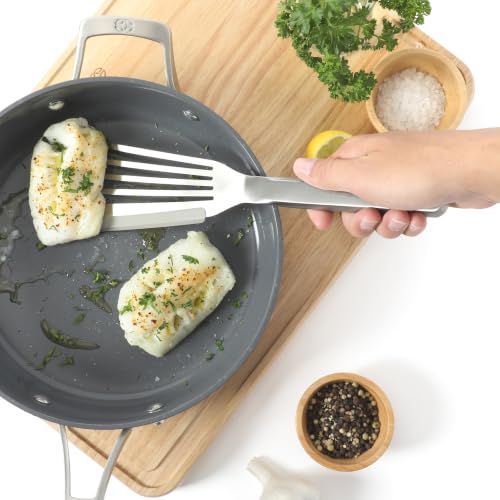 Image of Calphalon Prime Slotted Fish Turner, Kitchen Flipping Spatula, Slotted Spatula, Stainless Steel Slotted Turner with Silicone High-Heat Resistant Handle, Cookware for Flipping and Draining (Taupe)