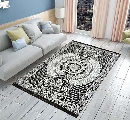 Image of Chenille /Cotton Carpet 5x7 Feet | Soft Velvet Rug for Living Room, Hall & Bedroom | Floor Carpet for Home | Designer Dari for Floor 150x210 cm | Non-Slip & Durable Kalin (Black)