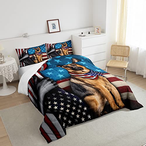 Castle Fairy American Flag Comforter Set Full Size,German Shepherd Animal Bedding Comforters for Girls Teens Present,Stars Stripes USA Flag Breathable Microfiber Quilt Set with 2 Pillowcases