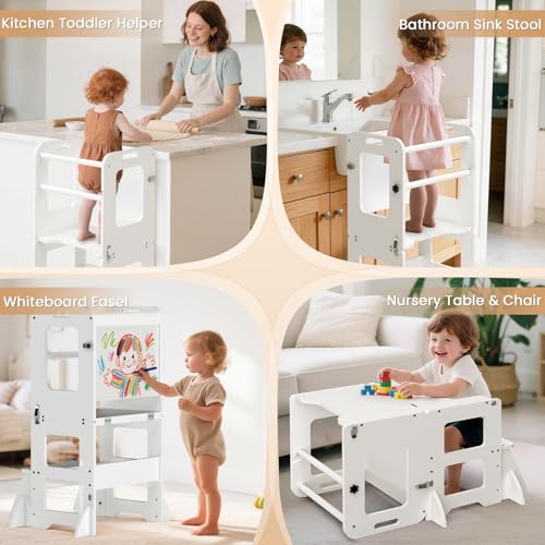 Image of Woodure 4-in-1 Toddler Kitchen Step Stool, Learning Standing Tower with Whiteboard, Wooden Kitchen Stool Helper for Kids, 1-3 Year Old Boy Girl Gifts-White