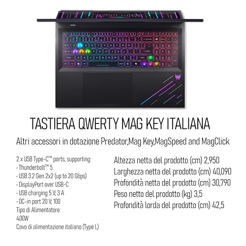 Image of acer Predator Helios 18 Ai Gaming Laptop, Intel Ultra 9-275X, RAM 64GB DDR5 SSD 2TB (2x1Tb), 18 inch WQXGA 250Hz MINILED Display, GeForce RTX 5080 16Gb GDDR7, WI-FI 7, Win 11, Ready to Use