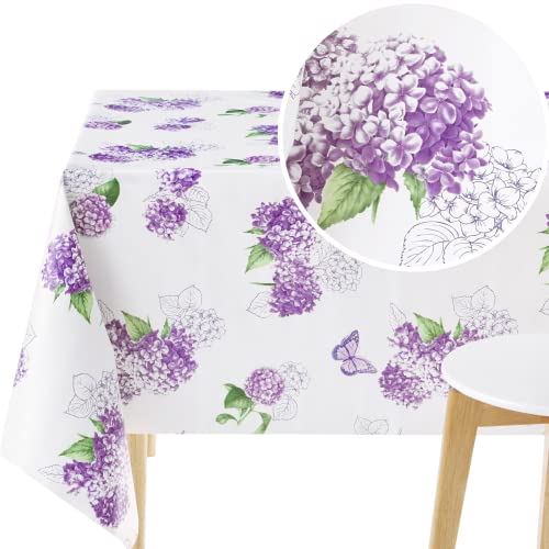 KP HOME Blanco Mantel Hule Mesa Rectangular 200x140 Patrón de Floral Mantel PVC con Grandes Flores Moradas de Hortensia Liso Impermeable Plastificado Hules para Mesas Lavable Plastico 140x200 2m