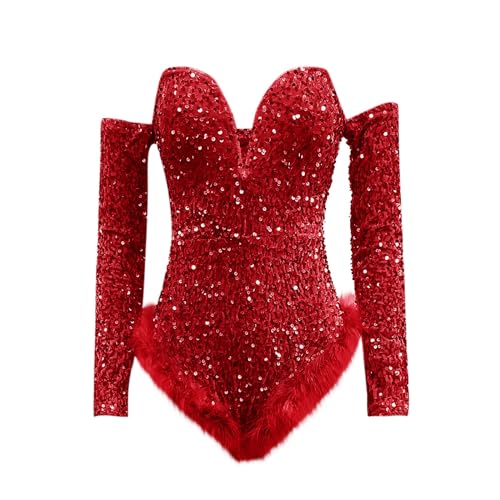 GOKKILRW Sequin Bodysuit for Women Mardi Gras Carnival Outfits Off Shoulder Sexy Birthday Party Club Night Corsets Jumpuits3