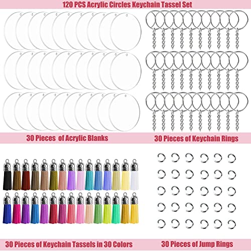 120 Pcs 2 Inch Acrylic Keychain Blanks | Clear Acrylic Circle Discs with Hole, Come with Silver 30 Tassles and 30 Keychain Rings, Perfect for DIY Keepsake, Monogram Keychains