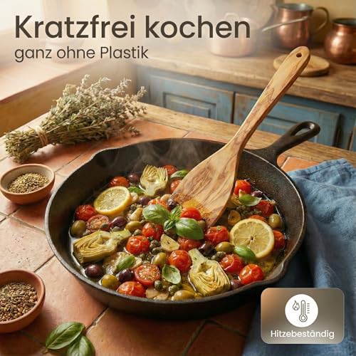 GOLDENBERG® Kochlöffelset Holz | feinstes italienisches Olivenholz | antibakteriell & hitzebeständig | Holzwender zum Braten & als Kochlöffel | ideal für beschichtete Pfannen