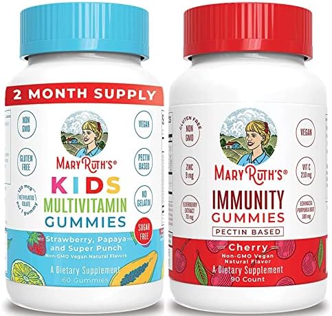 Kids Multivitamin + Immunity Gummies Bundle by MaryRuth's | Kids Sugar Free Multivitamin Gummies, 60ct | Immunity 5-in-1 Gummies for Kids & Adults, 90ct | Vegan, Non-GMO, Gluten Free