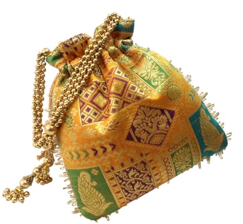 Image of MILAN'S CREATION Potli Banarasi Silk Brocade Bag Purse Drawstring Women's handbag with Pearl Handle & Tassel Weddings