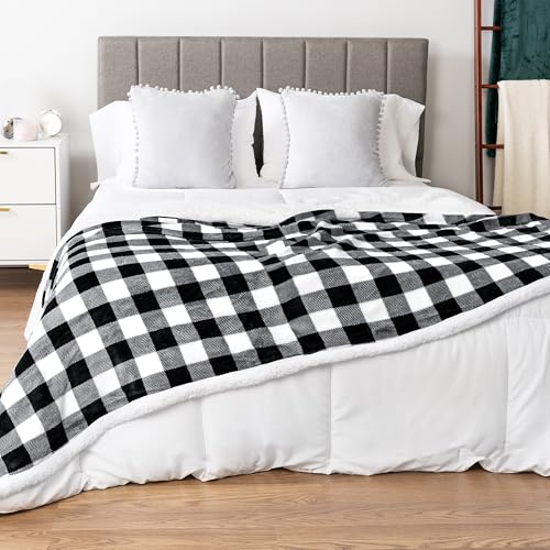 Pavilia Black White Buffalo Plaid Sherpa Bed Blanket Queen, Plush Checkered Fleece, Soft Fuzzy Flannel Large for Couch Sofa, Warm Heavy Thick Winter Gift, 90x90