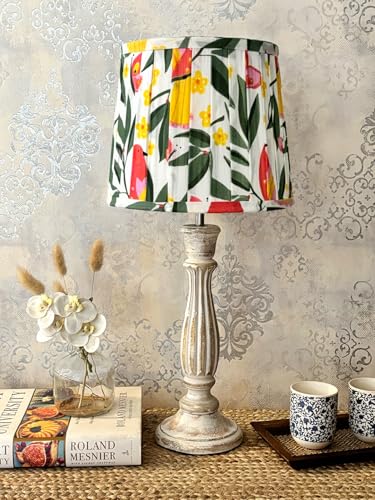 Image of Green Girgit Athens Wooden Lamp in Distress White Color with Pleeted Multiolor Yellow Leaves Shade, Vintage Style Table Lamp with Tropical Print Shade, Decorative Bedroom Lighting (LED Bulb Included)