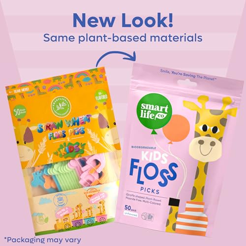 SMARTLIFECO-Biodegradable-Kids-Flossers-Unflavored-Dental-Floss-Picks-for-Children-Fluoride-Plant-Based-Natural-Fun-Animal-Flossing-Sticks-for-Toddlers-Teeth-Eco-Friendly-Compostable-200pk