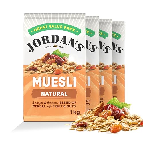 Jordans Natural Muesli Oat Breakfast Cereal - British Baked High Fibre Cereal - No Artificial Flavours or Preservatives - 1kg (Pack of 4 x 1kg)