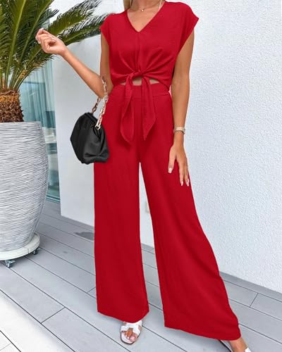 Image of PRETTYGARDEN Women's Summer 2 Piece Outfits 2026 Cap Sleeve V Neck Belted Crop Tops Wide Leg Pant Sets Casual Tracksuit