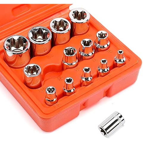 ValueMax E-TORX Socket Set, Female E Star Torx Socket E4-E24 14pcs, External Socket Cr-V 1/4" & 3/8" & 1/2" Drive with Storage Case for Motorcycle Car Vehicle Cover