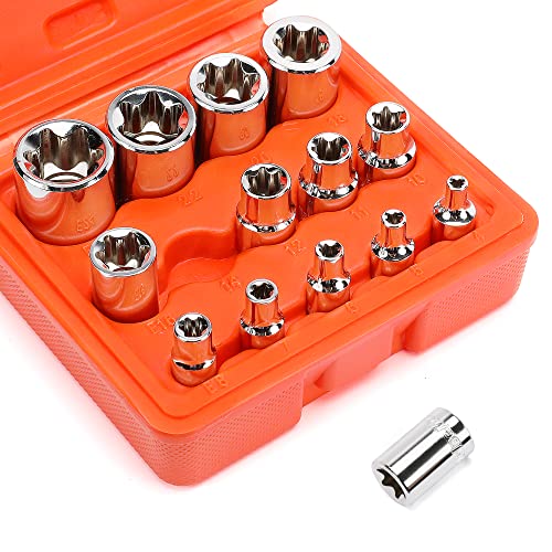 ValueMax E-TORX Socket Set, Female E Star Torx Socket E4-E24 14pcs, External Socket Cr-V 1/4