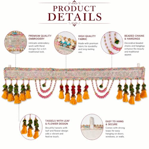 Image of ONESTA Traditional Handmade Door Toran for Main Door | Decorative Bandarwal with Pearl Beads Floral Embroidery & Tassels | Festive Door Hanging for Diwali Navratri Wedding Housewarming & Home Decor 3 Feet (Size 36 Inch Pack 01)