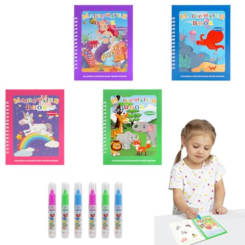 4 pcs libro pintar con agua con bolígrafo de agua Para niños y niñas, libro magico agua ideal para pintar en cualquier lugar, coloring book para usar repetidamente,con efecto grafiti acuático