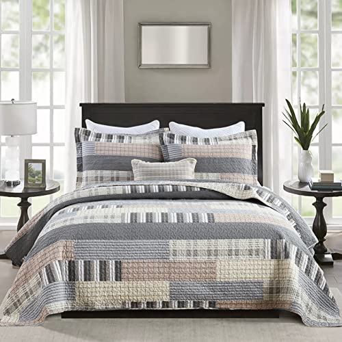 Image of PANGUSHAN Quilt Set Queen Size, 100% Cotton Quilt Bedding Set Bedspreads, Patchwork Plaid Farmhouse Reversible Lightweight Comforter Bed Spread for Queen Bed, Gray /Brown, 3 Pieces