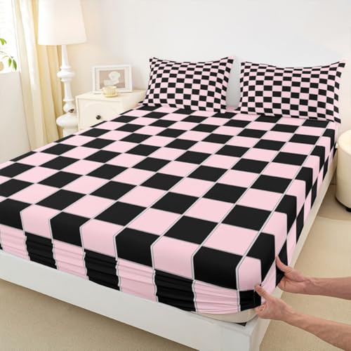 Image of Erosebridal Plaid Bed Sheets Queen Pink Black Checkerboard Sheet Set Geometric Checkered Bedding Set for Kids Boys Girls,Aesthetic Grids Fitted Flat Sheets 4 Piece