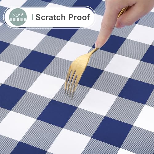 Image of misaya Oval Waterproof Vinyl Table Cloth, Buffalo Flannel Backed Tablecloth, Wipeable Plastic Table Cover for Dinner, Kitchen, Outdoor (60 inch x 102 inch, White and Navy)