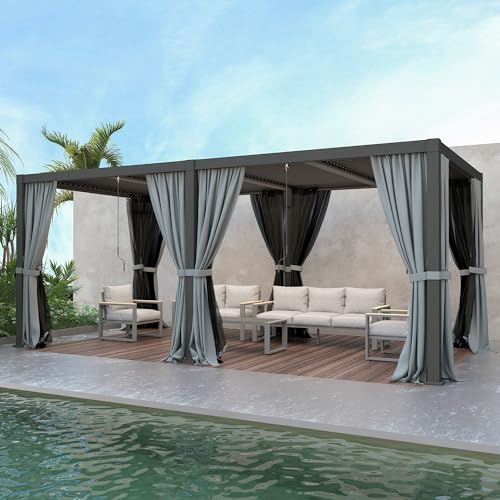 Royalcraft 10 x 20 Outdoor Adjustable Louvered Pergola Aluminum Pergola Canopy with Adjustable Rainproof Roofs Metal Pergola with Curtains Netting Pergola for Patio Deck Yard Garden Grey