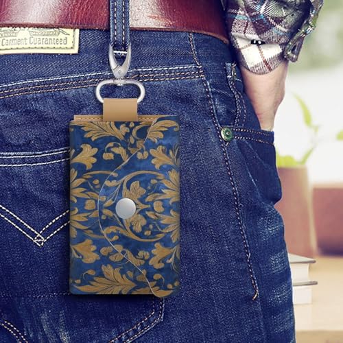 Indigo Blue Velvet with Gold Embroidery Key Holder Bag PU Leather ID Card Holder Keychains Case Cover for Men Women4