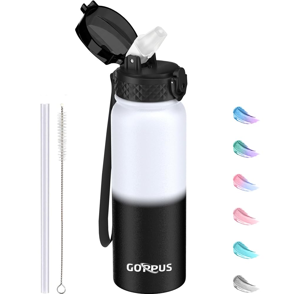 GOPPUS 600ml/20oz Stainless Water Bottle with Straw Double Wall Insulated Bottles with Strap One Hand Open Vacuum Thermal Flask Leakproof Keep Cold Bottles with Flip Top Lid BPA Free (White Black) — image 1