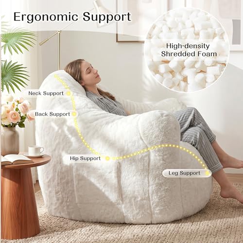 Image of Homkdom Giant Bean Bag Chair for Adults, Comfy Bean Bag Sofa with Armrests | Cozy Reading Chair & Stuffed Floor Sofa, Faux Fur Shell-Shaped Floor Chair for Living Room Napping, Gaming, Lounging, Beige
