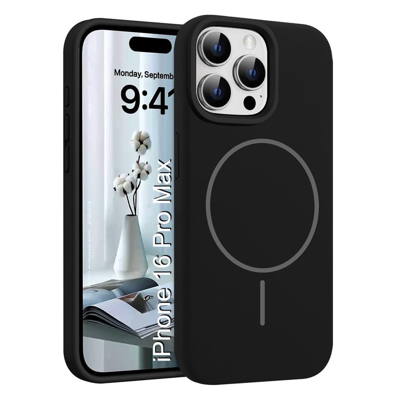 Image of LuxuryKase Silicone Magnetic Case for iPhone 16 Pro Max | Soft Microfiber Lining | MagSafe Support | Shockproof Protective Cover | Precise Cutouts | Slim Fit Design - Black